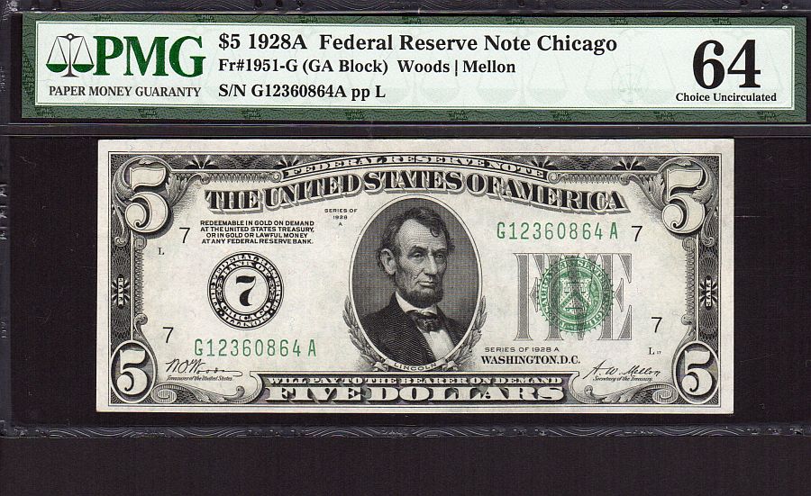 Fr.1951-G, 1928A $5 Chicago FRN, Ch.CU, PMG-64